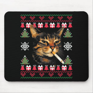 Alfombrilla De Ratón Suéter feo de Navidad divertido para gato fumando 