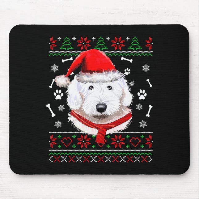 Alfombrilla De Ratón Suéter Feo Navidad Perro Bobtail Gorro de Santa Pi (Frente)
