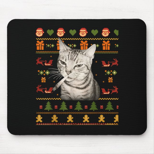 Alfombrilla De Ratón Suéteres Feos de Navidad Divertidos Gatos Fumando  (Frente)