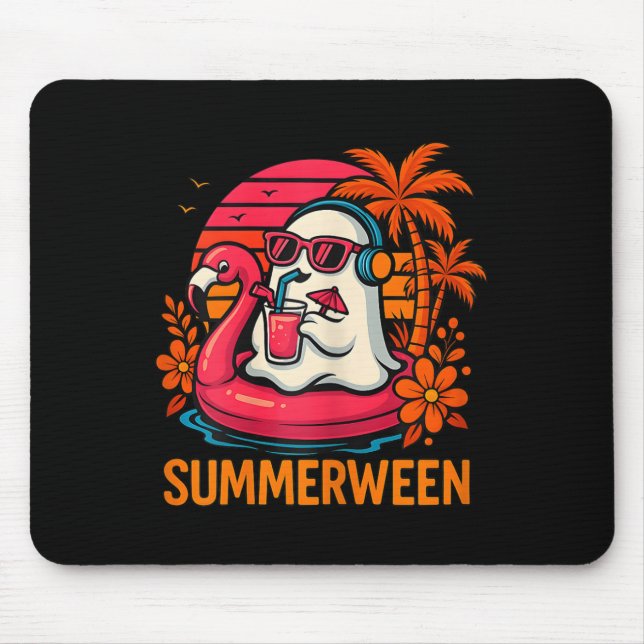 Alfombrilla De Ratón Summerween Funny Ghost Halloween Summer Flamingo B (Frente)