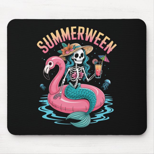 Alfombrilla De Ratón Summerween Mermaid Skeleton Beach Flamingo Hallowe (Frente)