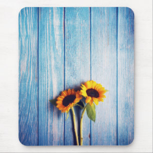 Alfombrilla De Ratón Sunflower on Blue Wood Wall
