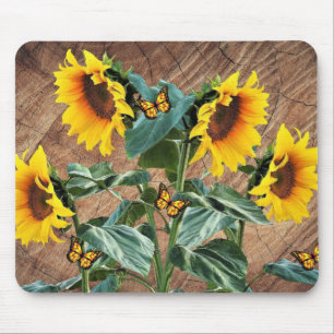 Alfombrilla De Ratón Sunflowers Butterflies Rustic Barn Board