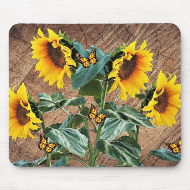 Alfombrilla De Ratón Sunflowers Butterflies Rustic Barn Board (Frente)