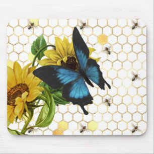 Alfombrilla De Ratón Sunflowers y Butterfly on Honeycomb