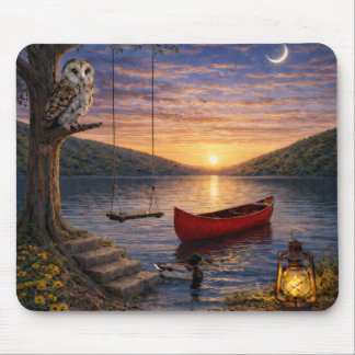 Alfombrilla De Ratón Sunset Lake Owl Canoe Mouse Pad