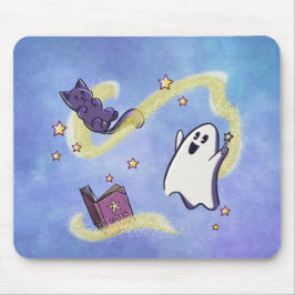 Alfombrilla De Ratón Süßer Geist und Katze beim Zaubern auf Mousepad