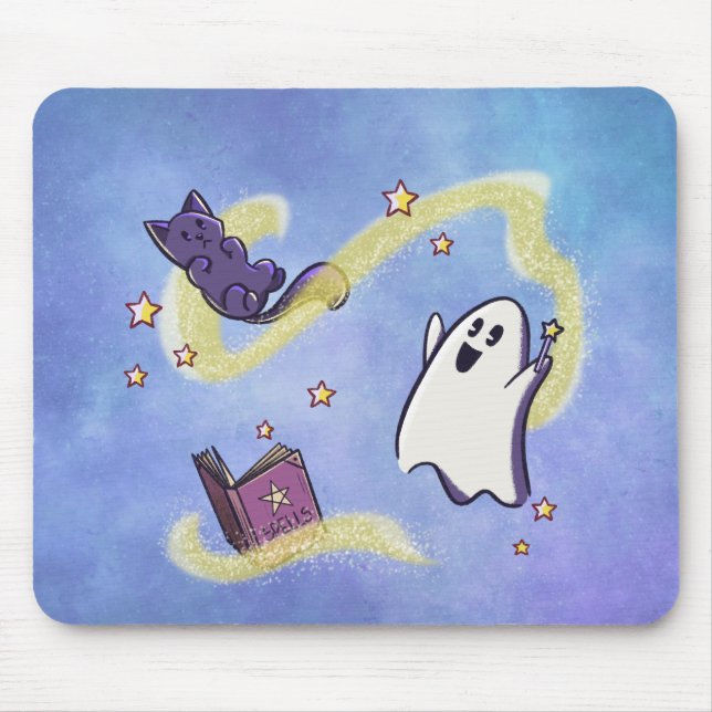 Alfombrilla De Ratón Süßer Geist und Katze beim Zaubern auf Mousepad (Frente)