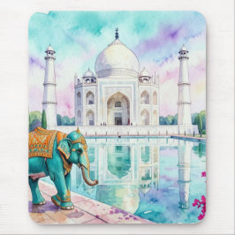 Alfombrilla De Ratón Taj Mahal y elefante en acuarela