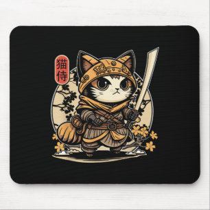 Alfombrilla De Ratón Tatuaje de gato samurai japonés, gato Kawaii Ninja