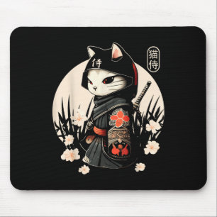 Alfombrilla De Ratón Tatuaje de gato samurai japonés, gato Kawaii Ninja