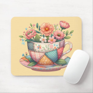 Alfombrilla De Ratón Taza de té de patchwork con flores caprichosas