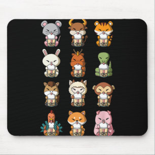 Alfombrilla De Ratón Té de leche con burbujas Boba Zodiaco chino Animal
