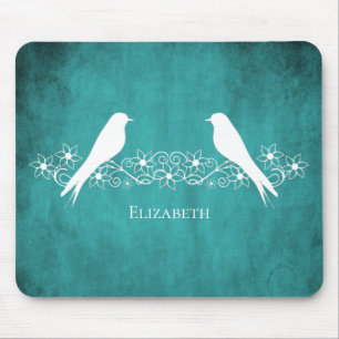Alfombrilla De Ratón Teal Lovebirds Floral Vine Mouse Pad