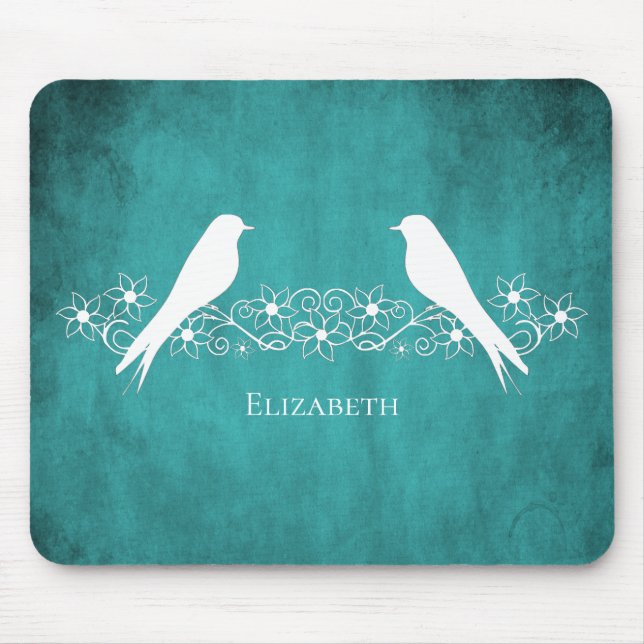 Alfombrilla De Ratón Teal Lovebirds Floral Vine Mouse Pad (Frente)