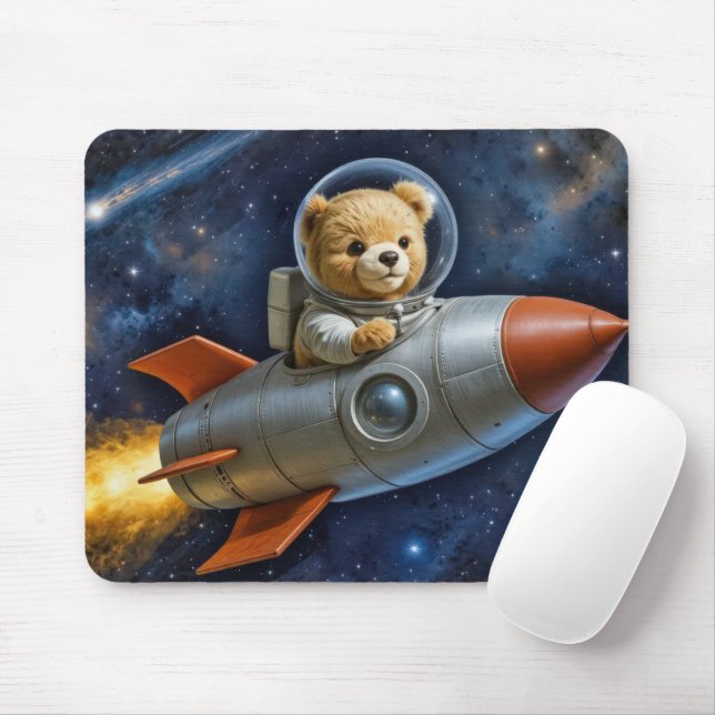 Alfombrilla De Ratón Teddy Bear Flying In a Rocket Ship (Con ratón)