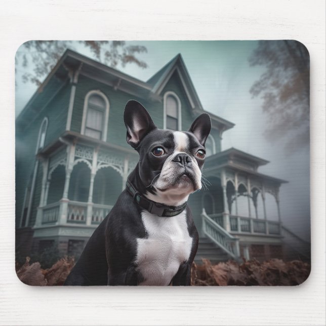 Alfombrilla De Ratón Temeroso susto de Halloween en Boston Terrier (Frente)