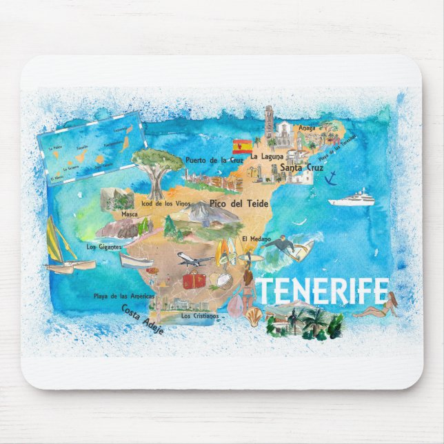 Alfombrilla De Ratón Tenerife Canarias España Mapa ilustrado con Landm (Frente)