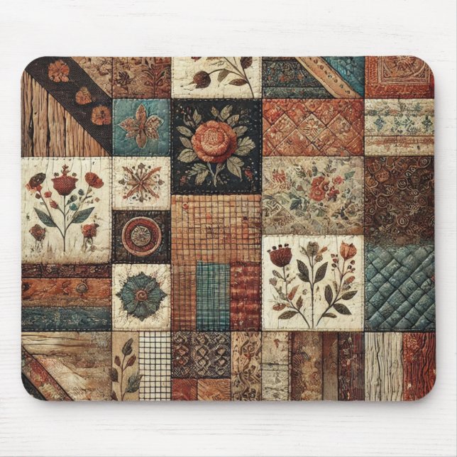 Alfombrilla De Ratón Terracotta Patchwork Quilt Rustic Floral Desk (Frente)