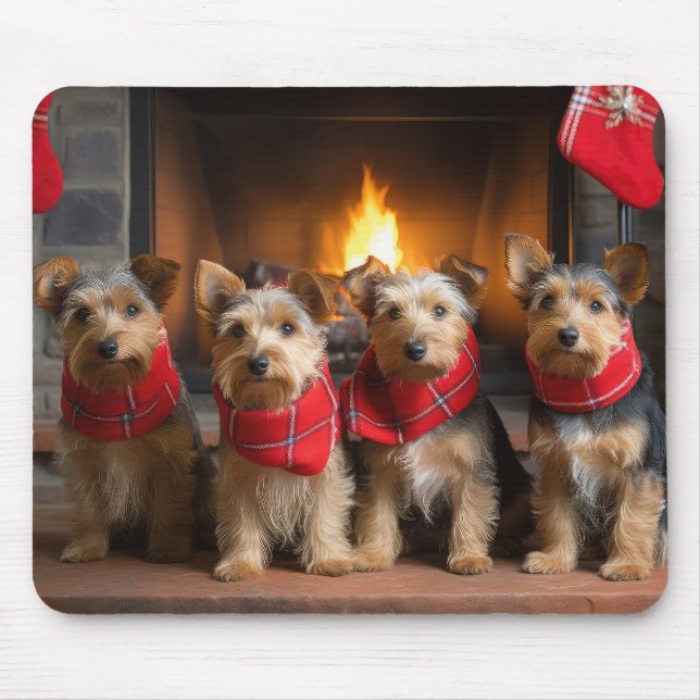 Alfombrilla De Ratón Terrier Australiano junto a la Chimenea Navidad (Frente)