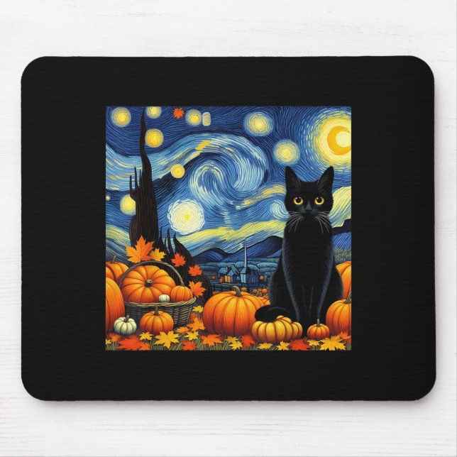 Alfombrilla De Ratón Thanksgiving Van Gogh Starry Night Black Cat Pumpk (Frente)