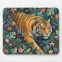 Tigre con ojos ámbar, follaje de jungla de fantasí