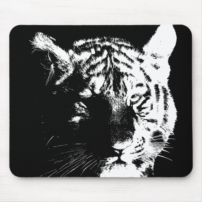 Alfombrilla De Ratón Tigre de arte pop blanco y negro (Frente)