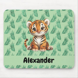 Alfombrilla De Ratón Tigre Personalizado y dulce sobre hojas tropicales