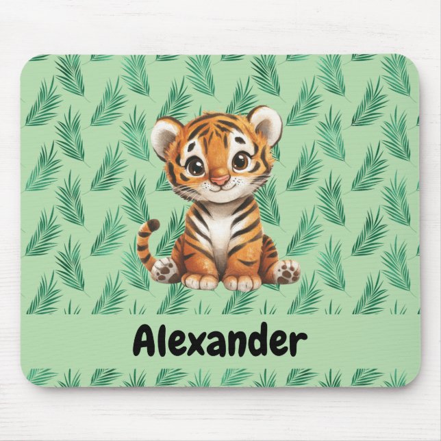 Alfombrilla De Ratón Tigre Personalizado y dulce sobre hojas tropicales (Frente)