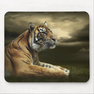 Alfombrilla De Ratón Tigre que mira y que se sienta debajo del cielo