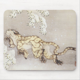 Alfombrilla De Ratón Tigre viejo en la nieve, Hokusai, Mousepad 1849
