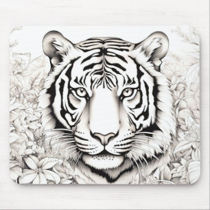Alfombrilla De Ratón Tigre y naturaleza pacífica Estilo de dibujo de di