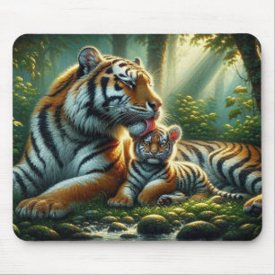 Alfombrilla De Ratón Tigres en pintura de bosques iluminados por el sol