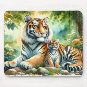 Alfombrilla De Ratón Tigres en una exuberante pintura del paraíso de la
