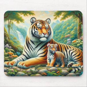 Alfombrilla De Ratón Tigres en una exuberante pintura del paraíso de la