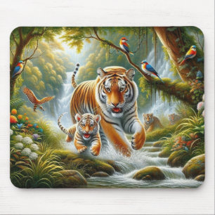 Alfombrilla De Ratón Tigres en una pintura forestal encantada