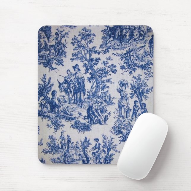 Alfombrilla De Ratón Tile de jouy azul y blanco elegante (Con ratón)