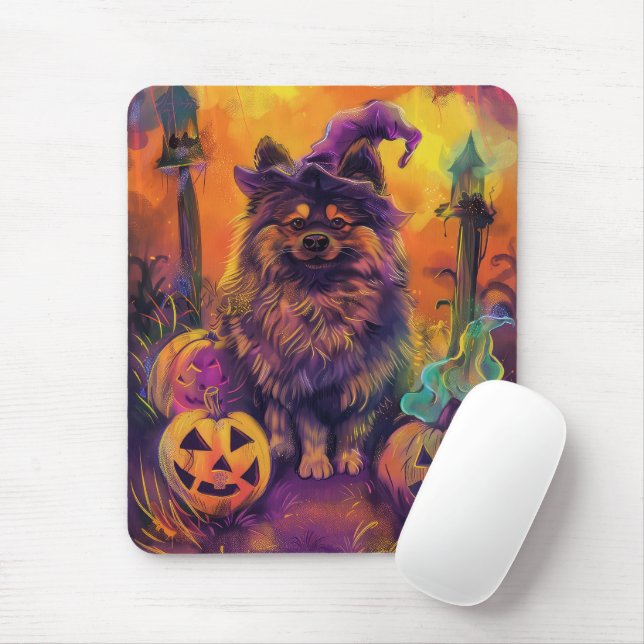 Alfombrilla De Ratón Tocante Perro Keeshond Halloween Bruja Y Calabaza (Con ratón)