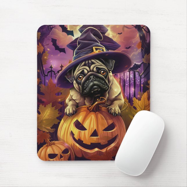 Alfombrilla De Ratón Tocante Perro Pug Halloween Bruja Y Calabaza (Con ratón)