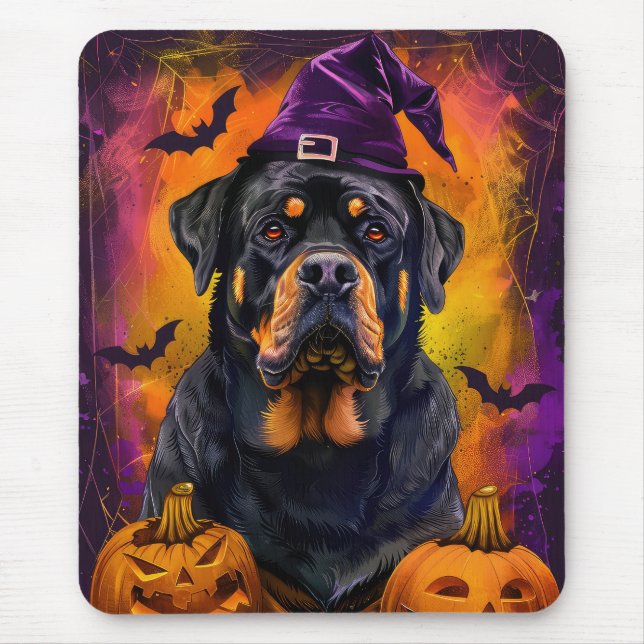 Alfombrilla De Ratón Tonto Rottweiler Perro Halloween Bruja Y Calabaza (Frente)