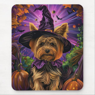 Alfombrilla De Ratón Tonto Yorkipoo Perro Halloween Bruja Y Calabaza