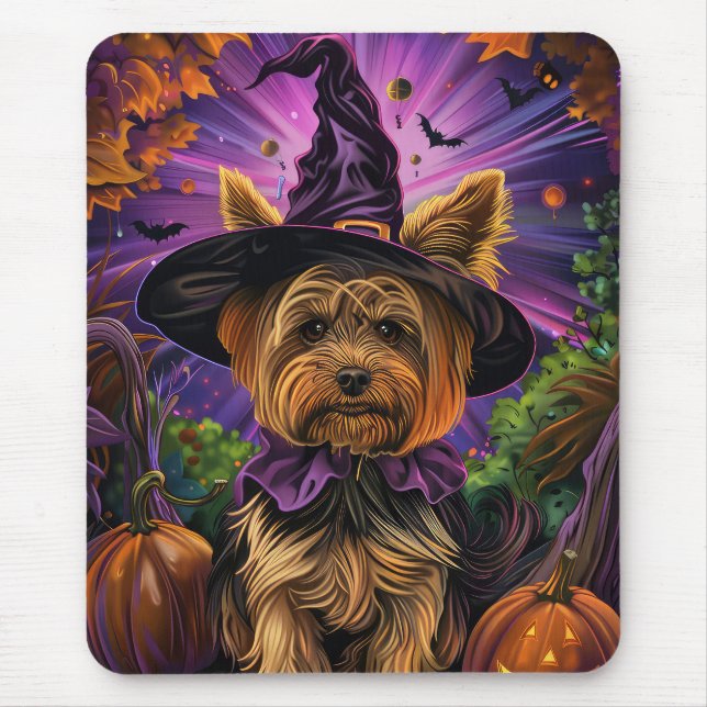 Alfombrilla De Ratón Tonto Yorkipoo Perro Halloween Bruja Y Calabaza (Frente)