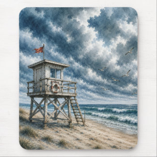 Alfombrilla De Ratón Torre de salvavidas de acuarela en playa costera