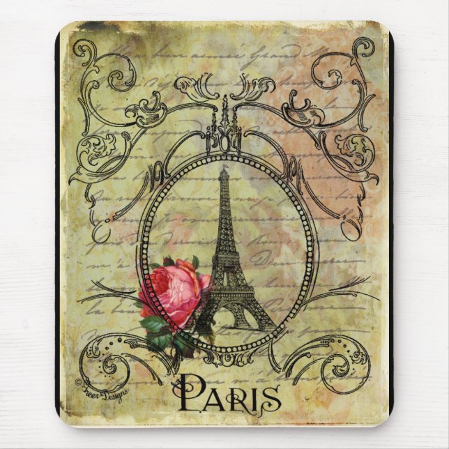 Alfombrilla De Ratón Torre Eiffel de París y Rosa Roja Steampunk (Frente)