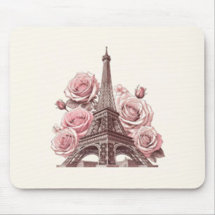Alfombrilla De Ratón Torre Eiffel de París y rosas rosadas