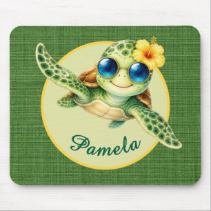 Alfombrilla De Ratón Tortuga bebé linda con gafas de sol azules y hibis
