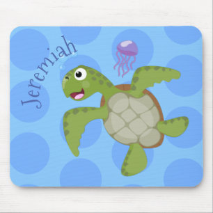 Alfombrilla De Ratón Tortuga marina verde suave feliz ilustracion perso