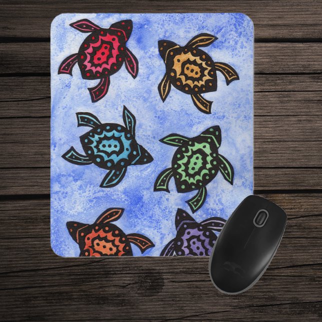 Alfombrilla De Ratón Tortugas abstractas coloridas Mousepad (Abstract turtles different coloured shells on watery look blue mouse pad.)