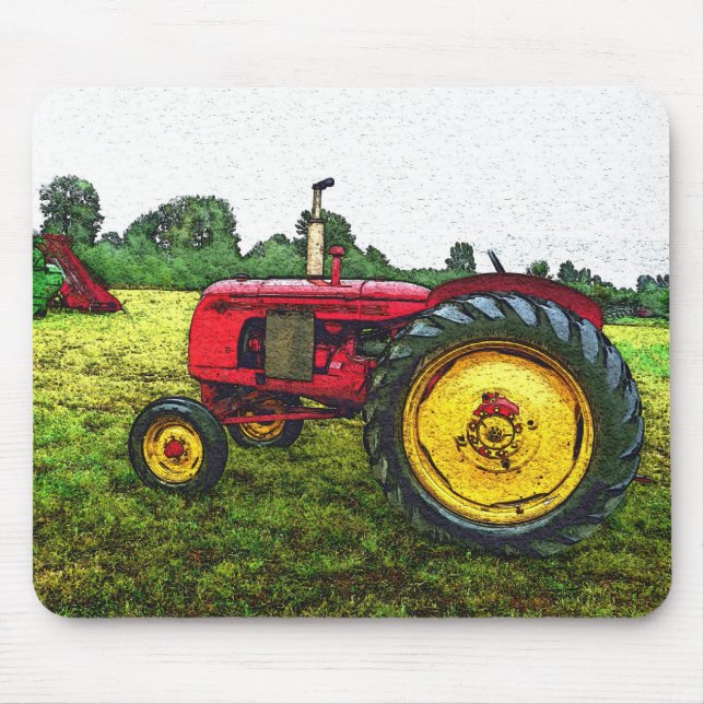 Alfombrilla De Ratón Tractor de granja rojo y amarillo (Frente)