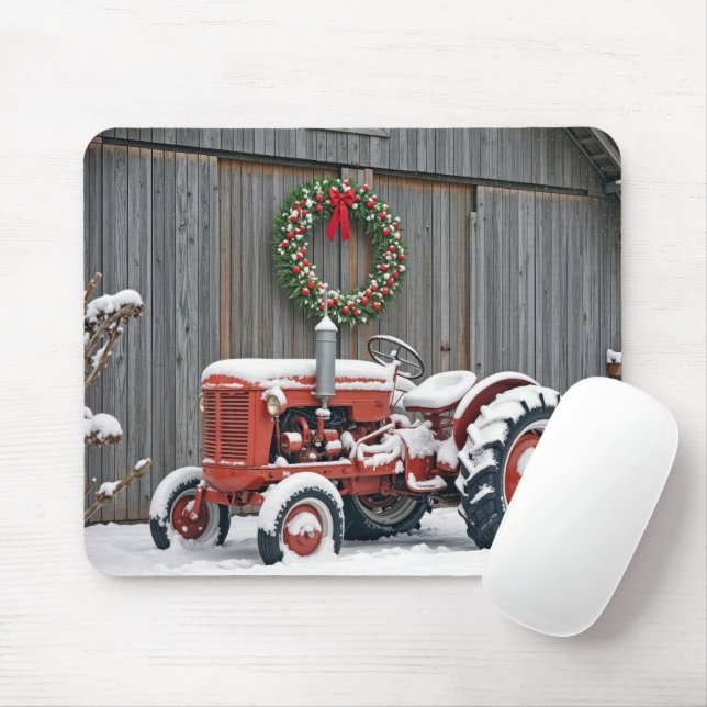 Alfombrilla De Ratón Tractor Rojo Con Corona De Navidad (Con ratón)